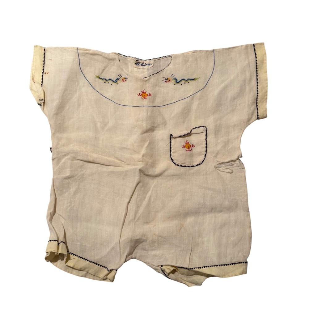 Vintage 20's Hand Embroidered China Dragon Linen Romper Onesie